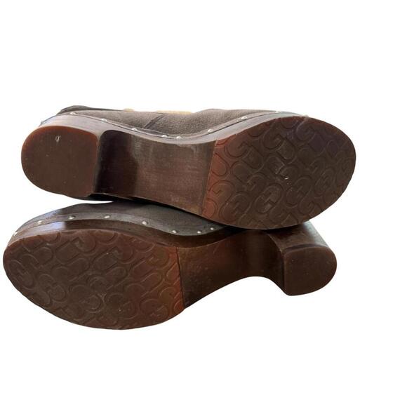 UGG Lynnea Gray Nubuck Leather Shearling Lined Wood Heel Boots Women's 5 Winter - Picture 5 of 5